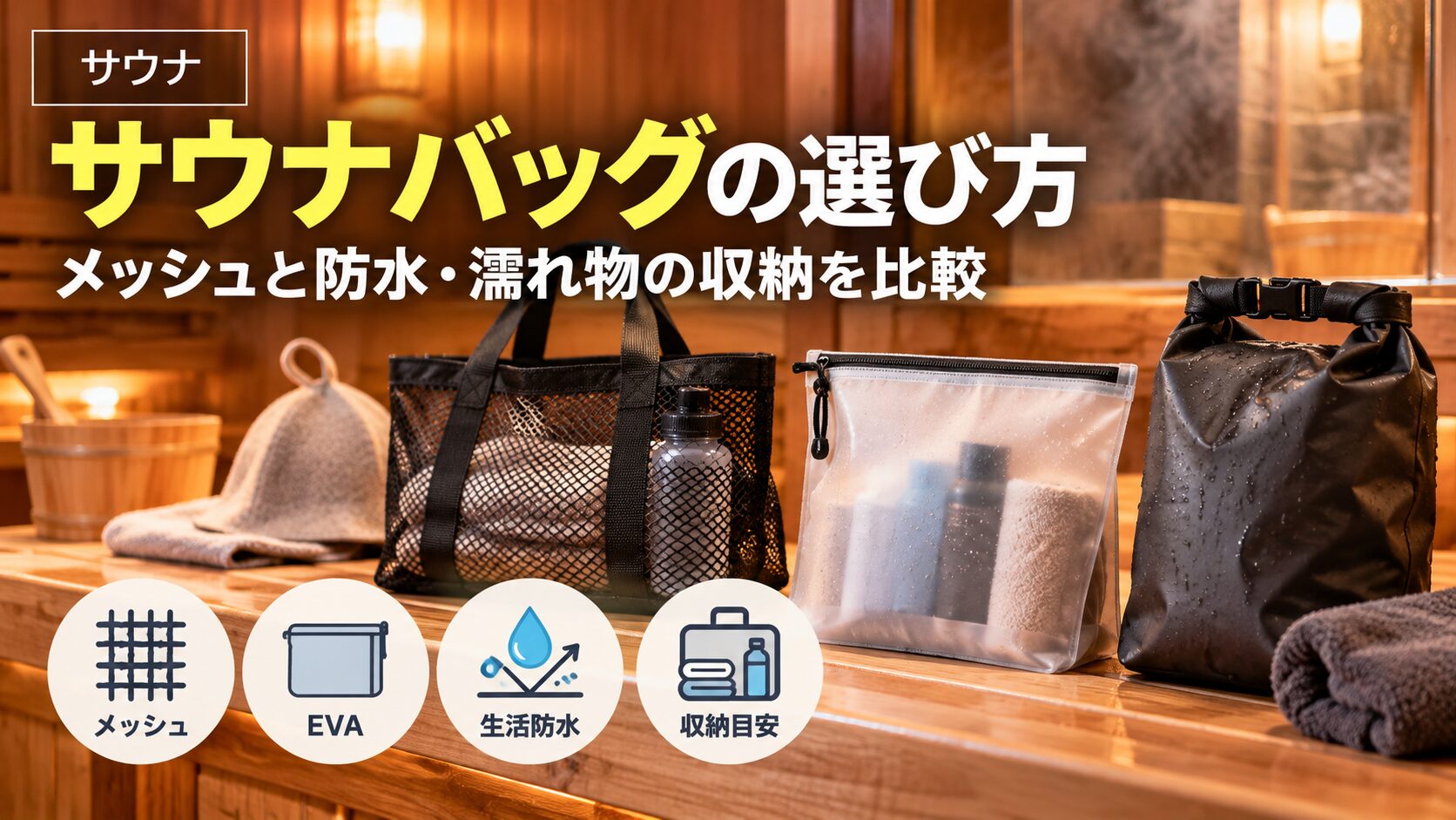 木製のサウナベンチに並べたメッシュバッグ、EVAポーチ、生活防水バッグのイメージ。サウナバッグの選び方と濡れ物の収納方法を比較。