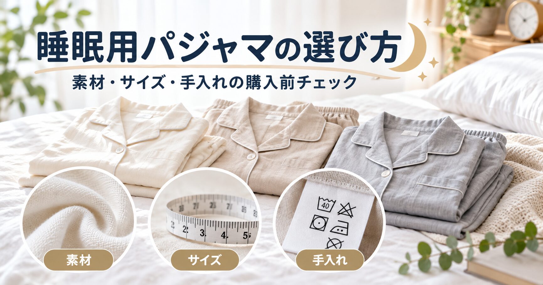 パジャマの素材、身幅と丈の採寸、洗濯表示を並べた購入前チェックの図